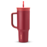 40oz Tumbler in Holly Berry, deep cranberry red insulated tumbler with matching red handle, coral-toned lid, and straw