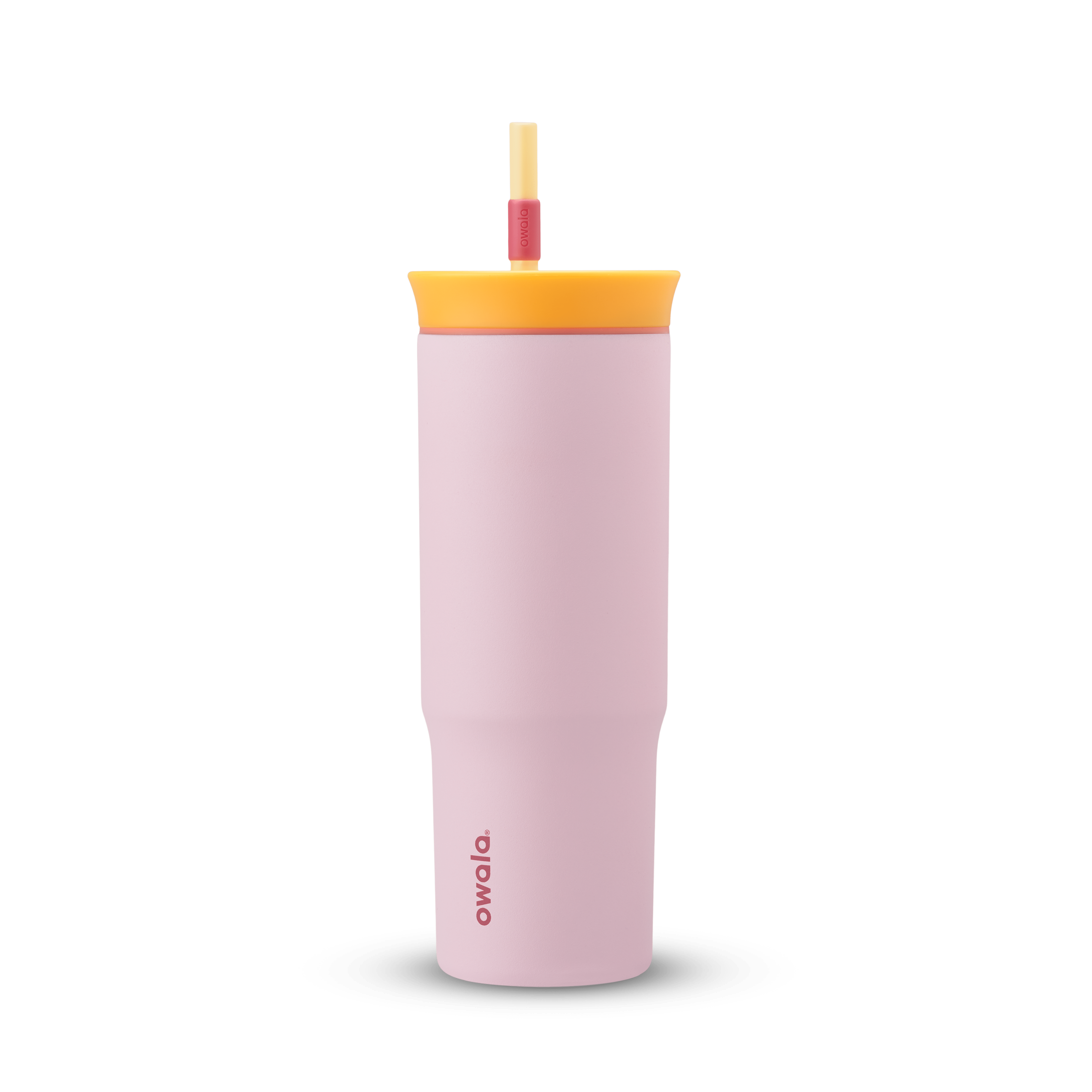 24oz Tumbler in Candy Store; matte light pink insulated tumbler with golden yellow lid, coral-red accent ring, and yellow straw with red grip, Owala wordmark on front