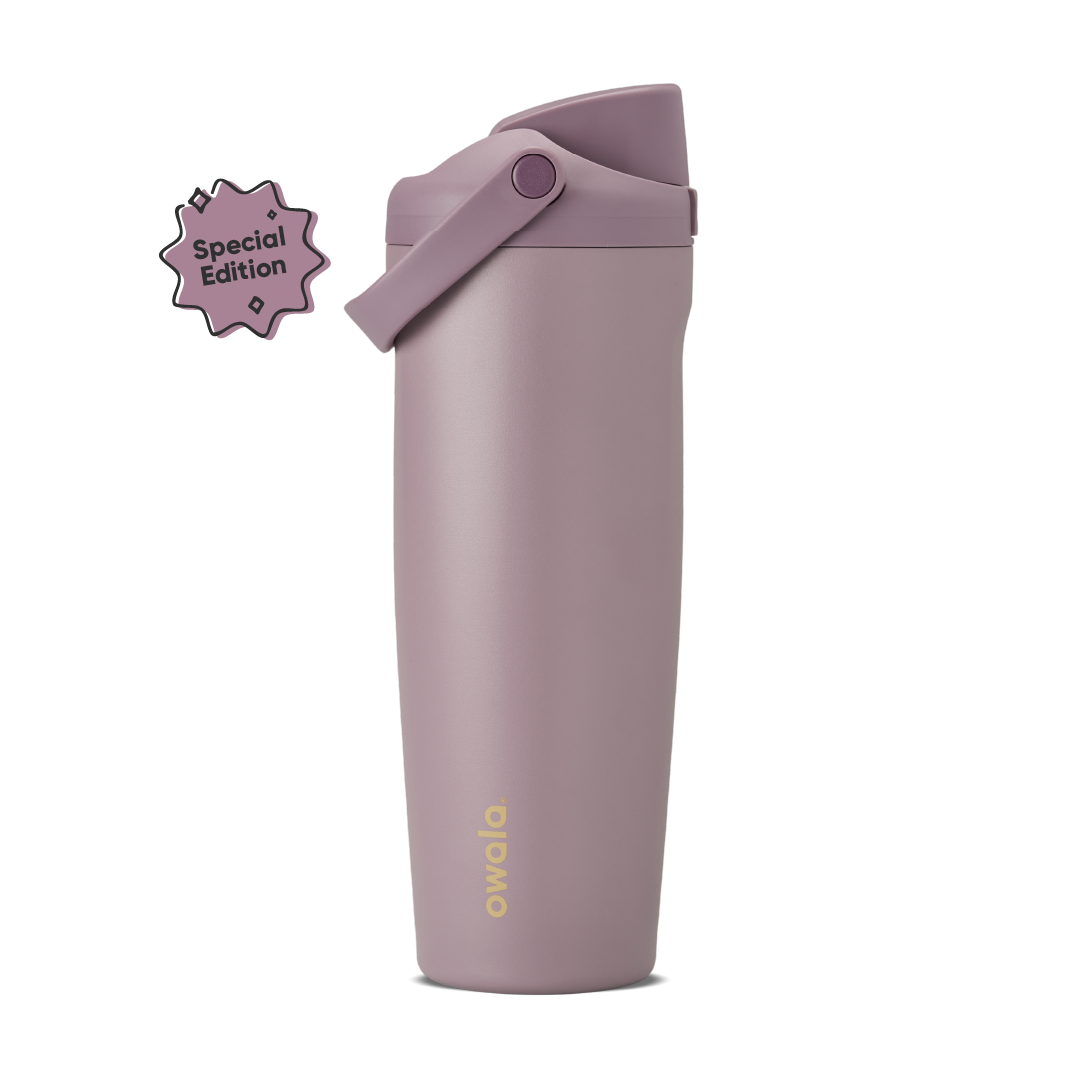 FreeSip Sway 30oz in Spring Revival, dusty mauve-purple insulated bottle with matching flip cap and carry loop, gold Owala logo