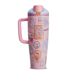 FreeSip Tumbler 40oz in Sending Love, soft blush pink body covered in whimsical illustrated stamp-like patches featuring animals, flowers, and travel motifs, with matching pink handle, pink flip cap, and lavender lid