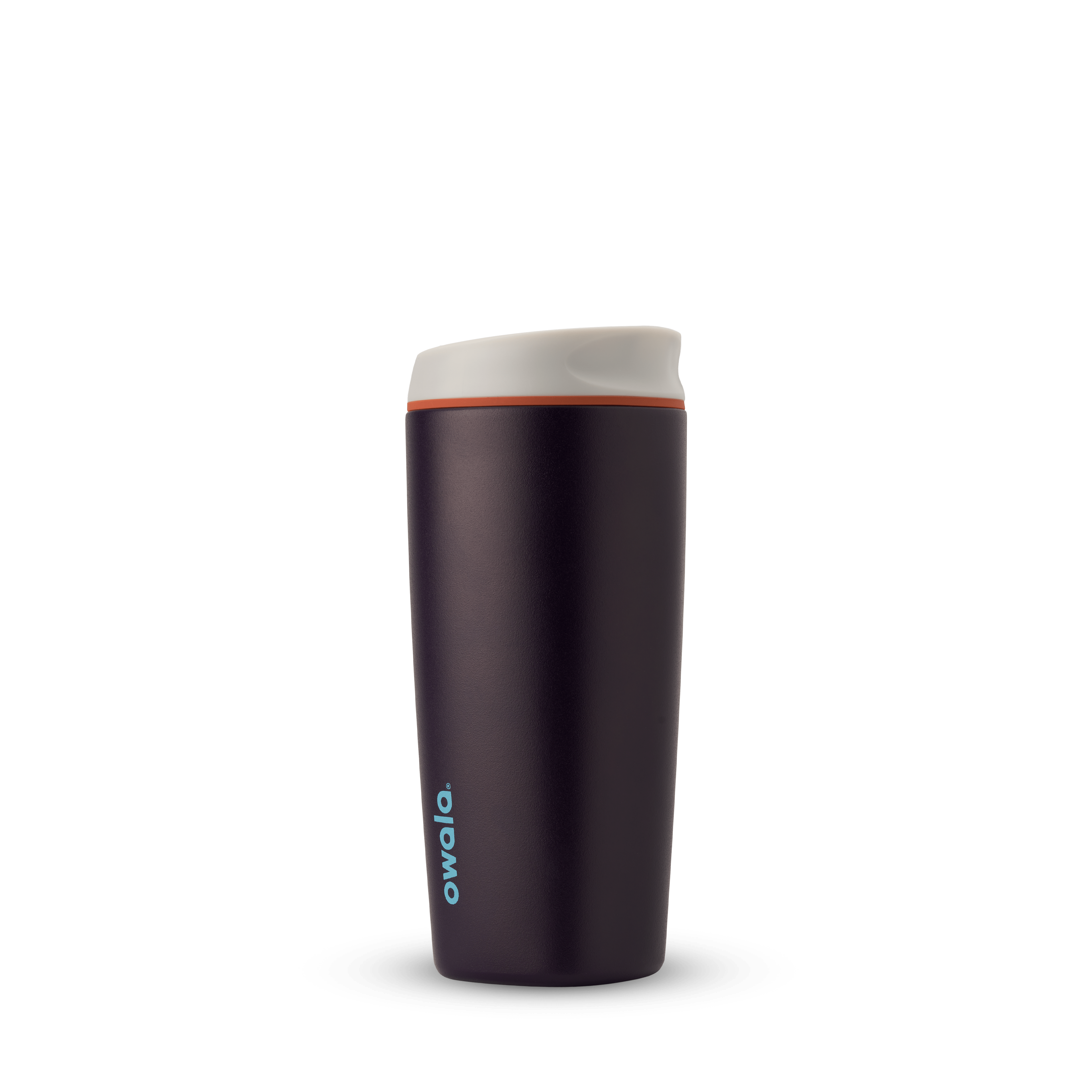SmoothSip 20oz in Telescope Tales, deep eggplant purple body with off-white cream flip-style lid, orange accent ring, and bright cyan blue Owala logo