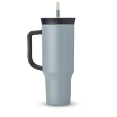 40oz Tumbler in Lost Valley, dusty blue-grey insulated tumbler with black handle, black lid with sage green accent ring, and pale green straw